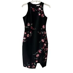 Parker Black Floral Embroidered Sleeveless Sheath Dress Size S | Tulip Wrap Hem